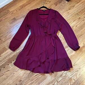 Burgundy satin dress faux-wrap with ruffles by Express